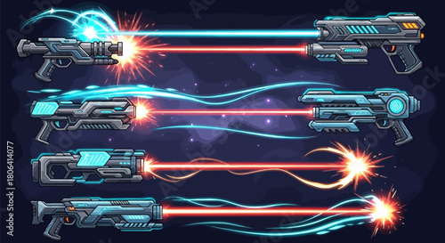 Set of futuristic laser guns and blasters firing energy beams with dynamic light effects and sparks, depicting advanced science fiction weaponry and combat technology in a dark, cosmic setting