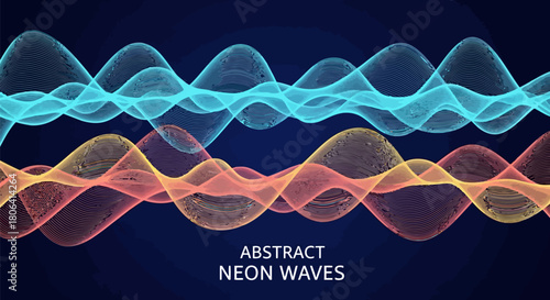 Dynamic abstract neon wave patterns in vibrant blue and orange hues flowing across a dark background, creating a futuristic and energetic visual design element for technology, music, or digital art