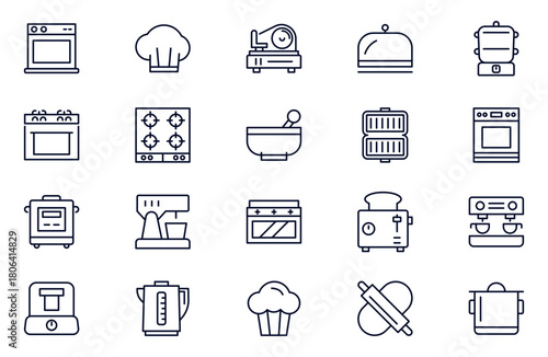 Kitchen outline web icon set. Oven, mixer, dishwasher, food processor, vector illustrations