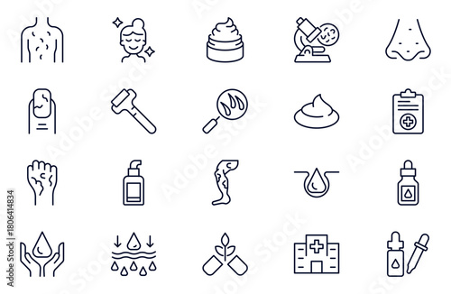 Dermatology outline icon set. Skin allergy. Atopic, itchy, Dry skin, Rash, Epidermis. cosmetology.