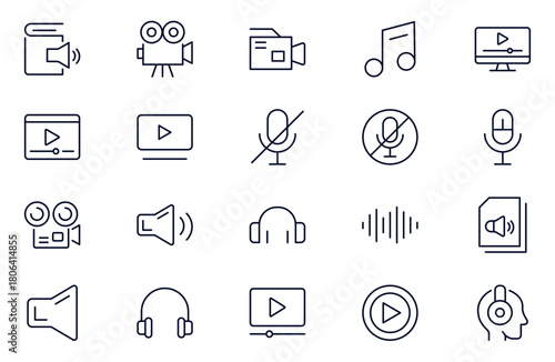 Audio Video line Icons set. Thin line icons set. Flat icon collection set. Simple outline icons.