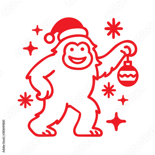Cute Yeti Vector Outline Wearing Santa Hat Holding Ornament