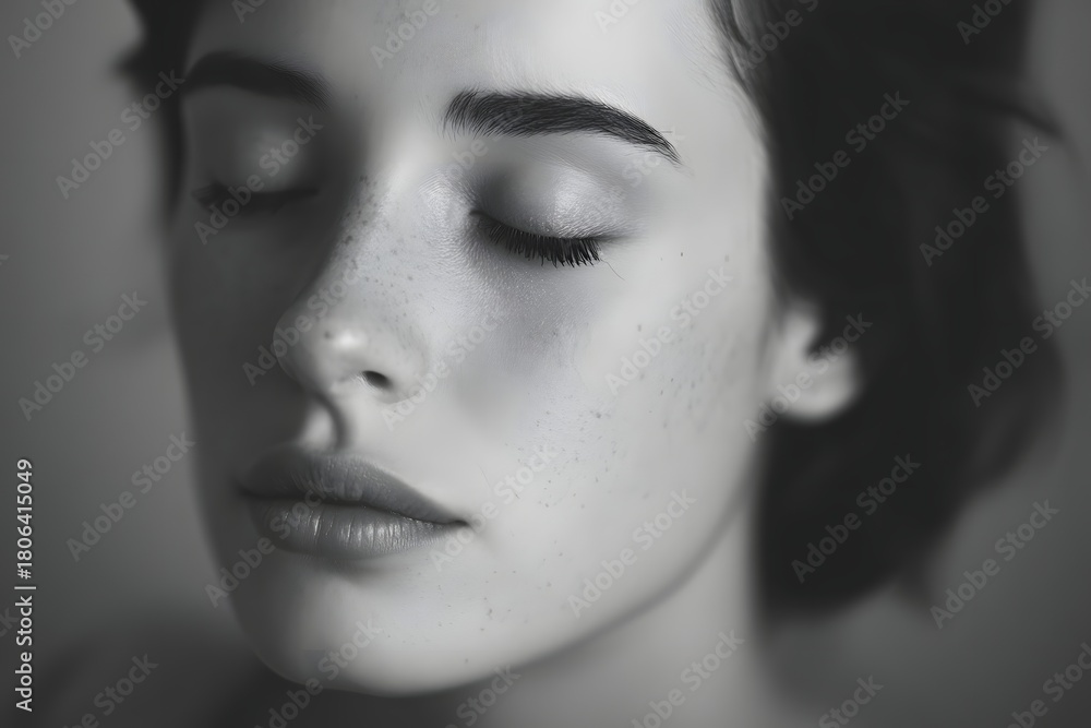 Fototapeta premium Close-up portrait of a woman with closed eyes in a peaceful moment of relaxation