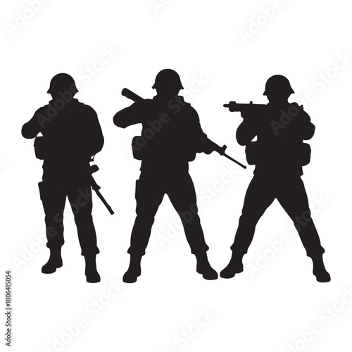  Three soldiers in silhouette posing with weapons ready for action silhouette