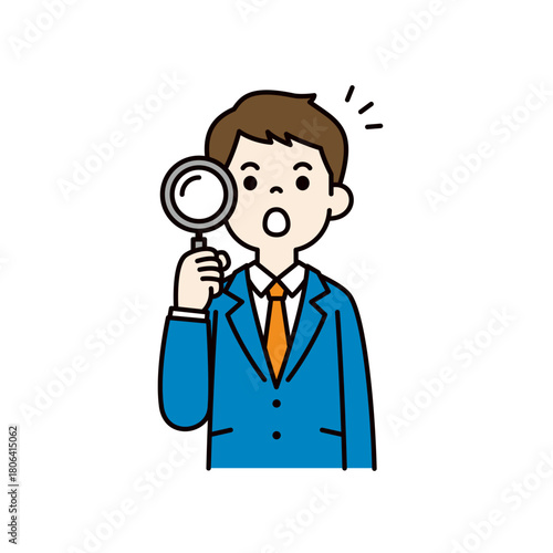 虫眼鏡を持って驚く、若いビジネスマンのシンプルな上半身ベクターイラスト素材＿カラー