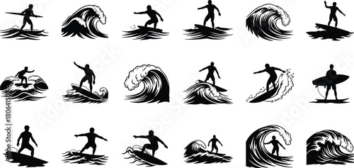 Surfer Surfing Wave Ocean Water Sport Action Silhouette Vector Sea Beach Collection