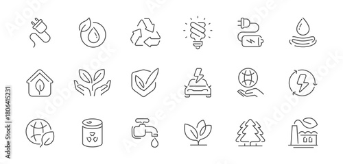 Ecology icons set. Sustainable energy, green technology, recycling and eco-friendly solutions. Line symbols