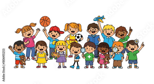Happy Diverse School Kids Waving - Cartoon Illustration for Education & Childhood