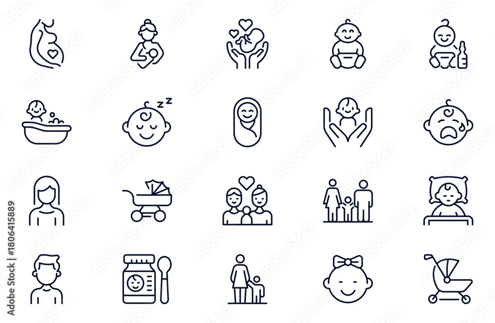 Obraz premium Child care line web icons set. international children day, kid rights, parenthood. Outline icon collection. Editable stroke. Vector illustration