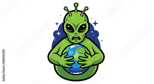 Green Alien Holding Planet Earth Illustration