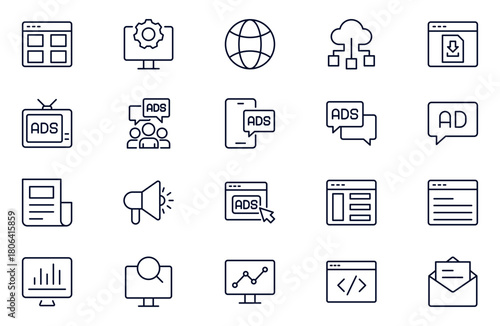 Marketing and Seo line web icons set. Digital marketing. Containing seo, content, website, social media. Editable stroke.