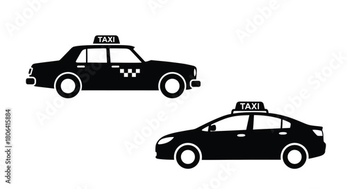 Black silhouette of two taxi cars one classic and one modern style