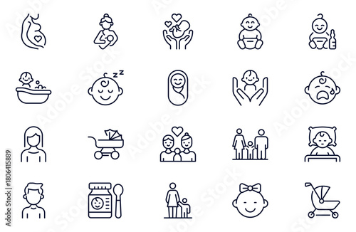 Child care line web icons set. international children day, kid rights, parenthood. Outline icon collection. Editable stroke. Vector illustration