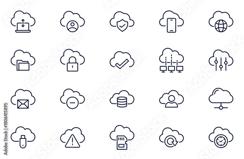 Cloud Computing line icons set. Cloud, cloud services, server, cyber security, digital transformation, computing, server, database, technology, networking, data and internet outline icons collection.