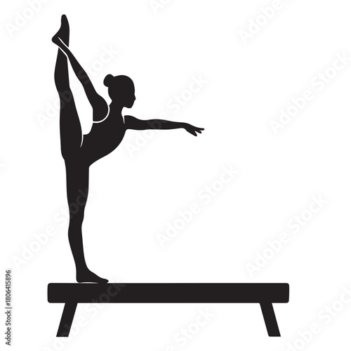 Black and white vector art featuring a female gymnast leaping over the vault, representing the seamless harmony of strength, agility, and artistic accuracy in an expressive athletic moment.