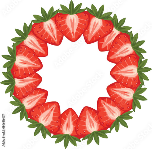 Strawberry wreath fresh fruit circle design for food blog or summer invitation background vector graphic