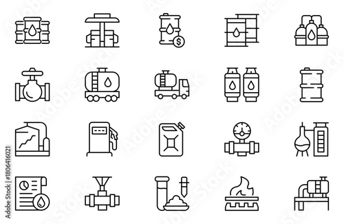 Oil and gas line icons set. Contains icons oil well, gas station, gasoline, tanker, burner, fuel, canister, petroleum and more.