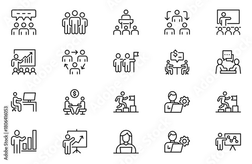 Stakeholder editable stroke icons set. Business, partner, shareholder, investor, supporter vector illustrations.