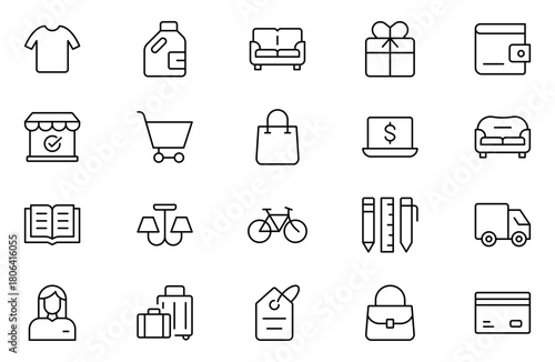 Marketplace Categories outline Icons set. Vector illustration in modern thin line style of e-commerce related icons: household goods, electronics and household appliances, clothing, and more.