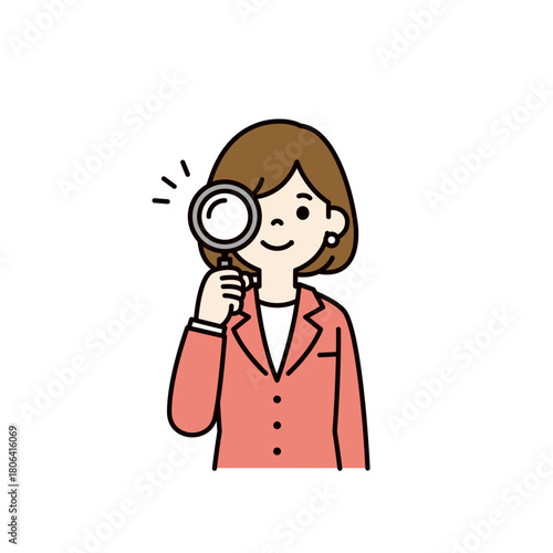 笑顔で虫眼鏡を覗く、若いビジネスウーマンのシンプルな上半身ベクターイラスト素材＿カラー