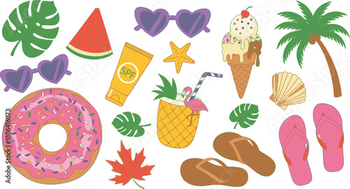 Summer vacation clip art with tropical elements and beach accessories for graphic design projects
