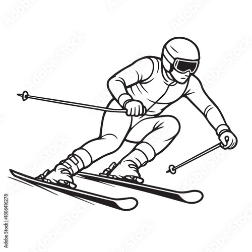 A clean black and white vector illustration of a male skier descending a snowy mountain, emphasizing athletic skill, momentum, and the bold motion of high speed winter action.