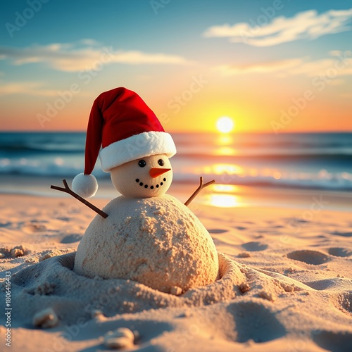 Snowman made of sand with santa hat on beach near sea space for text christmas vacation christmas background holiday background winter christmas design decoration merry celebration