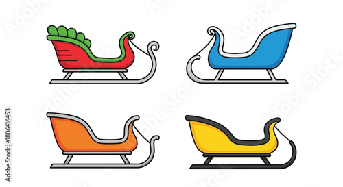 Four colorful sleds with curved designs and metal runners displayed on white