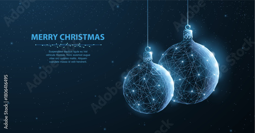 Balls. Abstract illustration two decoration christmas glitter balls on blue background with snowflake, snow, shine stars. Christmas, new year, symbol. December winter decor.


