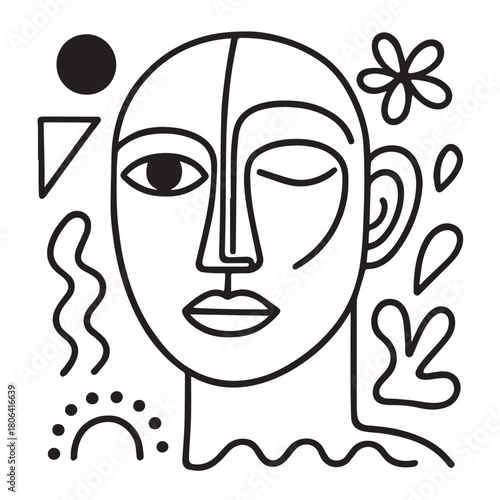 A black and white vector of a face illustrated through geometric line work, blending angular shapes and fluid contours to create a modern, abstract, and clean minimalist composition.