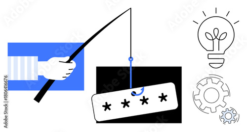 Fishing rod hooking password as bait beside lightbulb and gear icons. Ideal for cyber security, phishing awareness, hacking, password safety, innovation, process management, simple flat metaphor