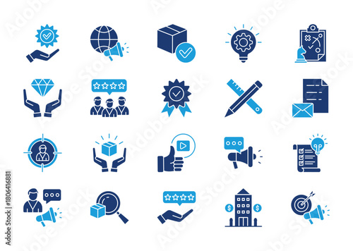 Branding thin solid icon set. Containing marketing, product, innovation, strategy, brand values, loyal customers, identity, design, stationery, target audience. Vector illustration