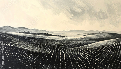 Abstract landscape with rolling hills and dotted fields