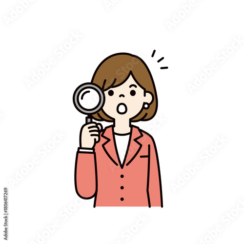 虫眼鏡を持って驚く、若いビジネスウーマンのシンプルな上半身ベクターイラスト素材＿カラー