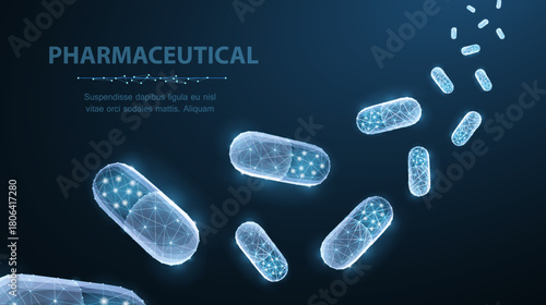 Pills. Abstract polygonal capsule pills falling on blue. Medical, pharmacy, health, vitamin, antibiotic, pharmaceutical, treatment concept illustration or background

