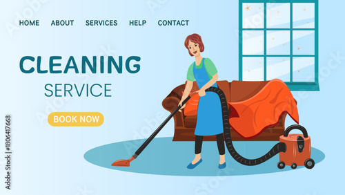 Home cleaning service vector banner featuring a cleaner vacuuming a living room. Bright, friendly illustration promoting professional, reliable and efficient cleaning for cozy, spotless homes.
