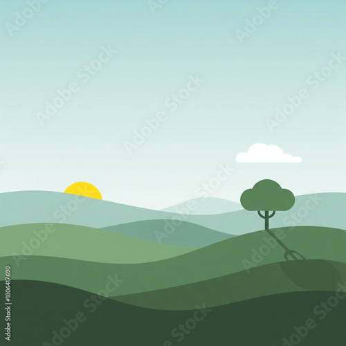 A minimalist vector illustration depicting a tranquil sunrise over rolling green hills with a solitary tree under a clear sky