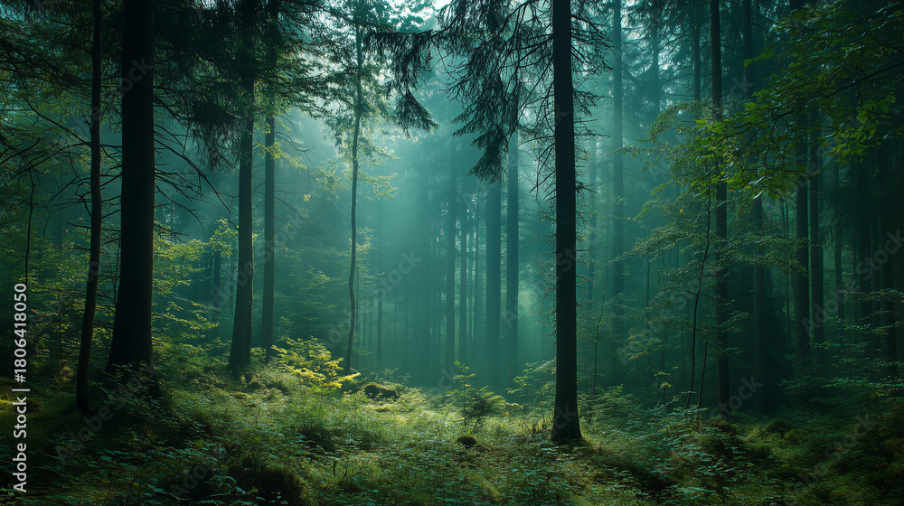 Naklejka premium Green trees in the forest in summer
