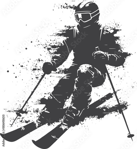  Bold black silhouette of a skier in full gear, holding skis and poles on a frosted ground with grunge texture and high contrast. Evokes winter sport, adventure, and focus