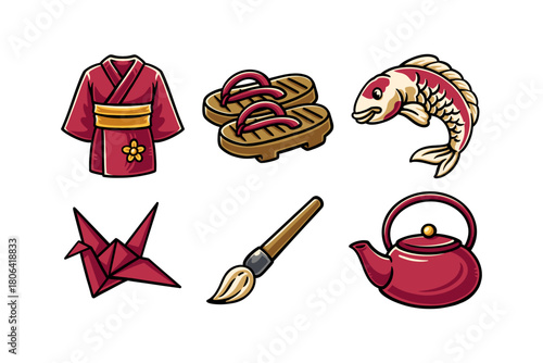 Japanese cultural with kimono, footwear, origami, koi, brush, pot cartoon illustration icon set for education print and merchandise. Traditional japan items colorful doodle vector element collection