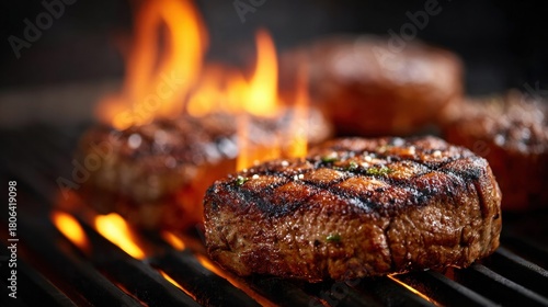 Fototapeta Naklejka Na Ścianę i Meble -  Grilled steaks on a flaming grill