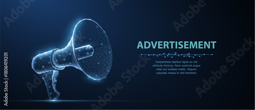 Bullhorn. Abstract vector 3d megaphone on blue background. Communication, announcement message, shout speech, warning alert concept. Promotion advertisement, marketing, propaganda information symbol.
