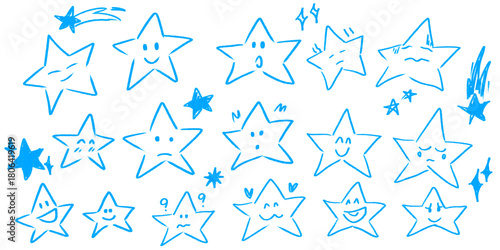 Set of cute hand drawn blue stars with funny faces and emotions on white background.