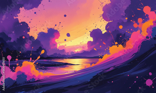 Vibrant Sunset Digital Paint Splash Illustration with Flowing Texture