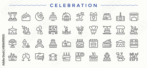 Celebration icon. Minimalist icons collection. Party vector line icon set. Featuring happy, entertainment, anniversary, decoration, party and more.