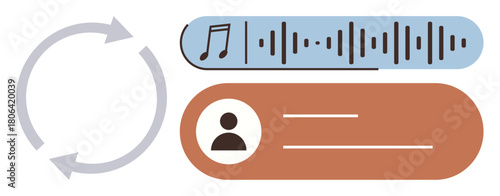 Circular arrows symbolize a continuous process. Soundwave and music notes indicate audio playback. User profile icon emphasizes communication. Ideal for technology, streaming, productivity