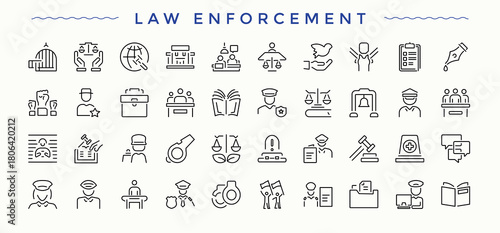Law Enforcement icon set. It contains symbols to document, justice, legal, right, law, business, court and more. Court icon set in linear style. Isolated icons. Editable stroke. Pixel Perfect.