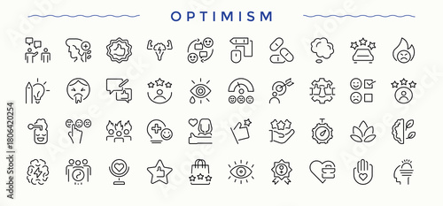 Optimism icon collection. Thin outline icons pack. Attitude icon set. Containing attitude, mental, psychology, thinking, brain and more.