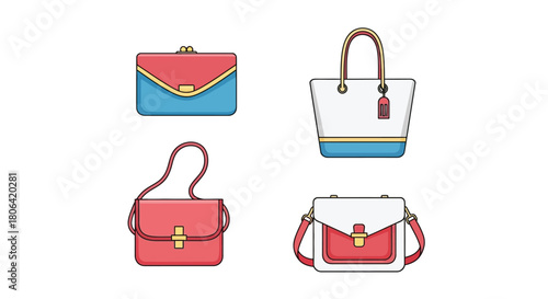 Four colorful handbag icons displaying various styles and designs in illustration
