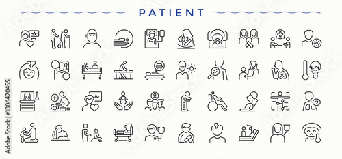 Patient icon set. Icons for application. Contain linear sign health, hospital, care, doctor. Editable vector art. Medical icon collection.